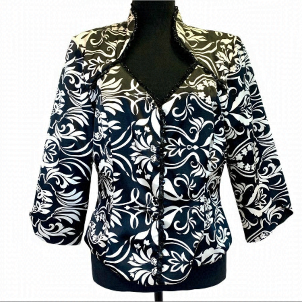NWT Bellissima black Ivory Pisati Beaded trim jacket size 12